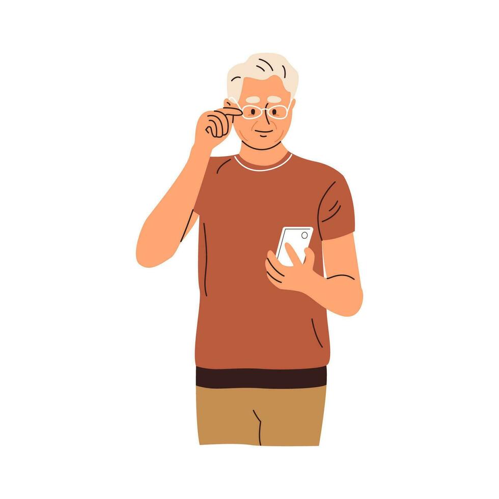 sorridente anziano uomo utilizzando mobile Telefono. maturo persona nel occhiali in piedi Tenere smartphone nel mano lettura Messaggio, notizia, fare surf Internet. piatto vettore illustrazione isolato su bianca sfondo