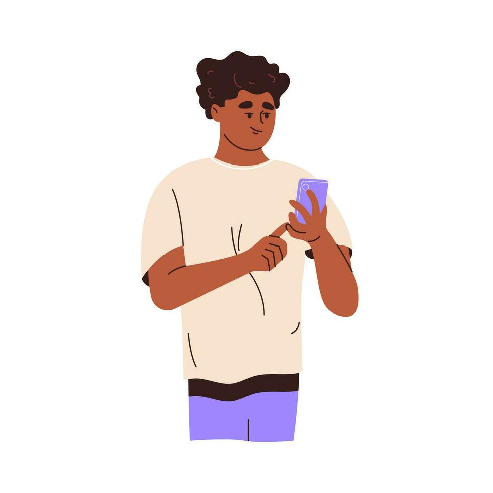 africano americano uomo utilizzando mobile Telefono. giovane nero tipo Tenere smartphone, digitando, chattare, fare surf Internet. piatto vettore illustrazione isolato su bianca sfondo