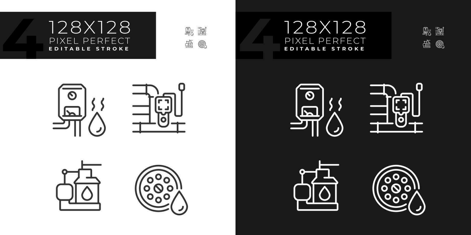 pixel Perfetto impostato di buio e leggero icone che rappresentano impianto idraulico, modificabile magro linea illustrazione. vettore