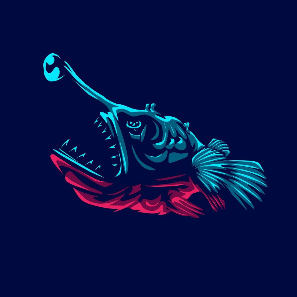 pescatore pesce logo con colorato neon linea arte design con buio sfondo. astratto subacqueo animale vettore illustrazione.