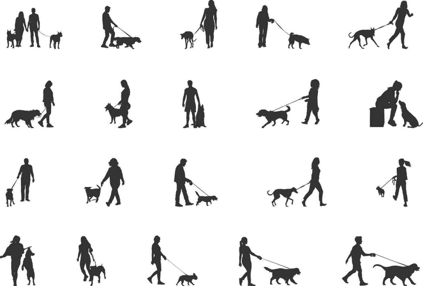 persone a piedi cane sagome, uomo e donna camminare con cane silhouette, uomo a piedi cane silhouette, donna a piedi cane silhouette, a piedi cane silhouette vettore