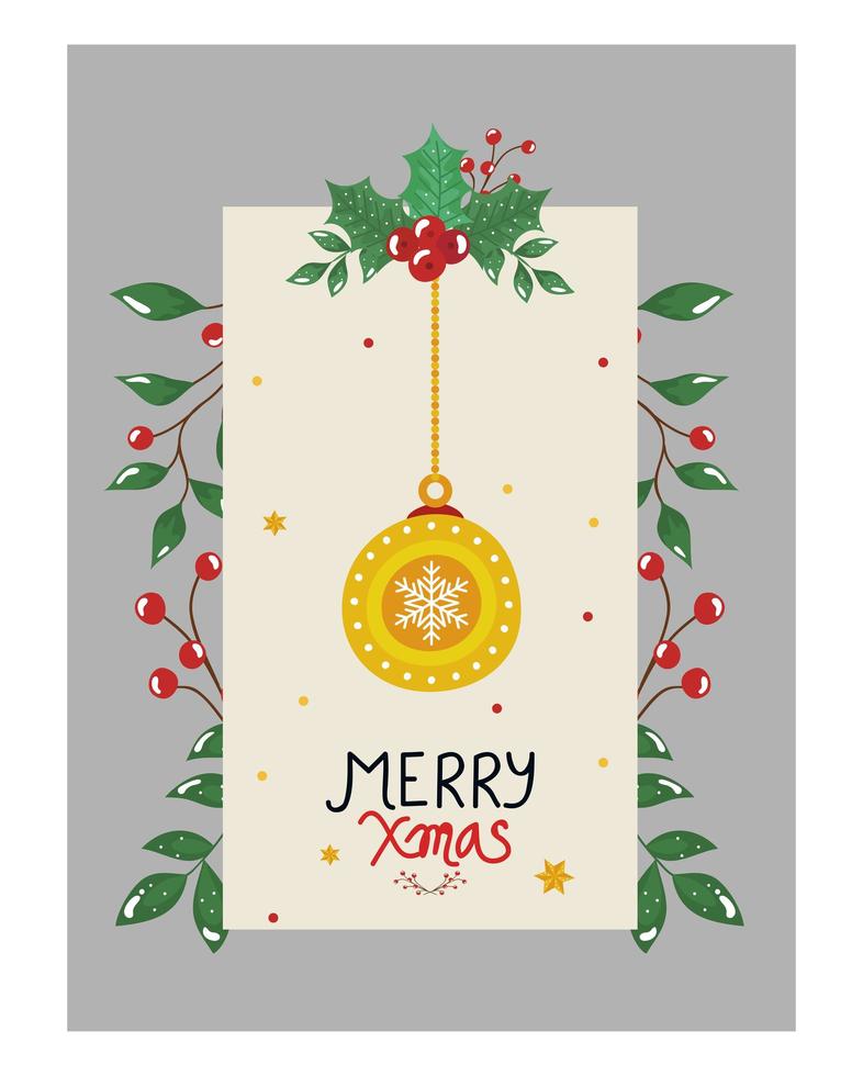 poster di buon natale con palla appesa e foglie decorative vettore