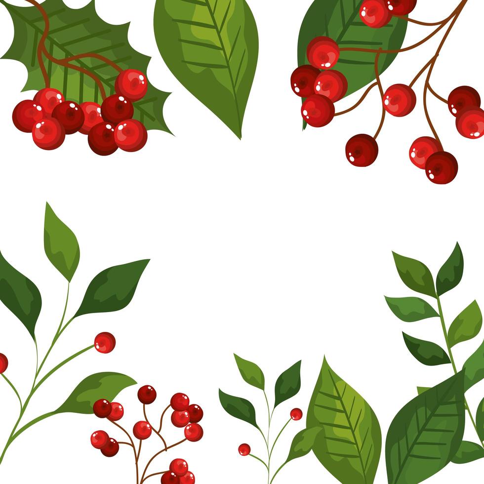 cornice di foglie e rami con semi icone di Natale vettore