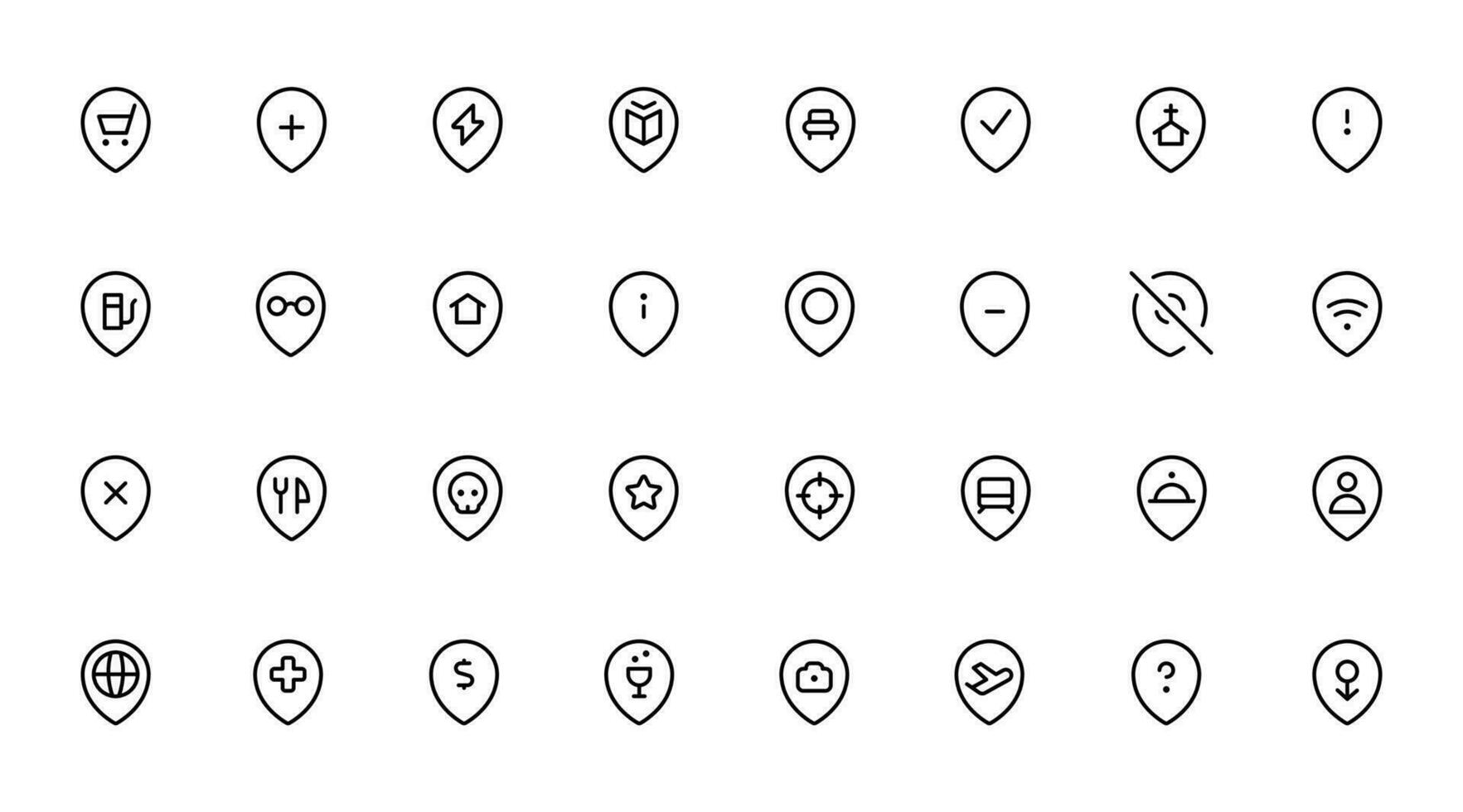 Posizione icone. carta geografica perno posto marcatore. lineare modificabile ictus. linea, solido, piatto linea, magro stile e adatto per ragnatela pagina, mobile app, ui, UX design. vettore