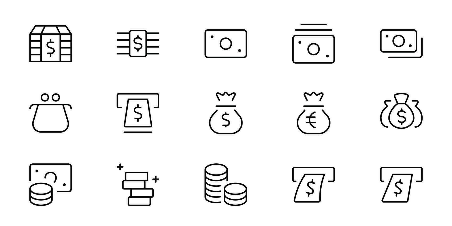 i soldi icone, dollaro moneta relazionato vettore linea icone. contiene come icone come portafoglio, ATM, fascio di i soldi, mano con un' moneta e di più. modificabile ictus.