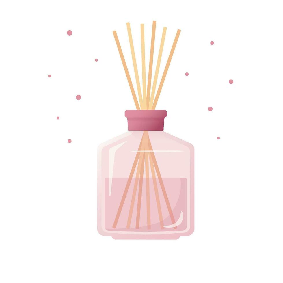 casa rosa fragranza, rosa bicchiere bottiglia con aroma bastoni, profumo per casa, piatto modificabile oggetto su bianca sfondo vettore