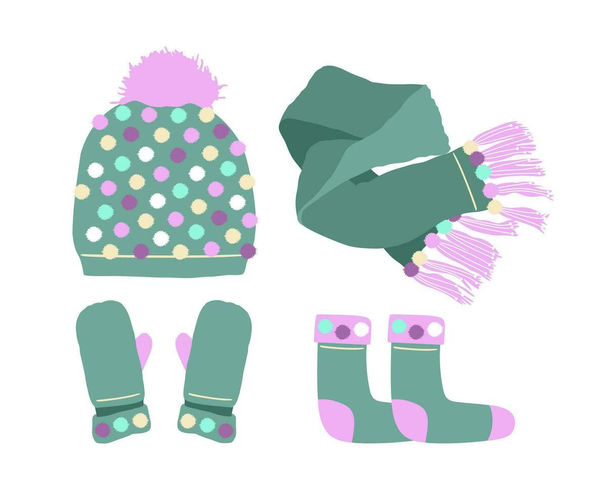 inverno impostato di inverno Accessori a maglia cappello, sciarpa, guanti, calzini leggero verde. azione vettore piatto illustrazione isolato su bianca