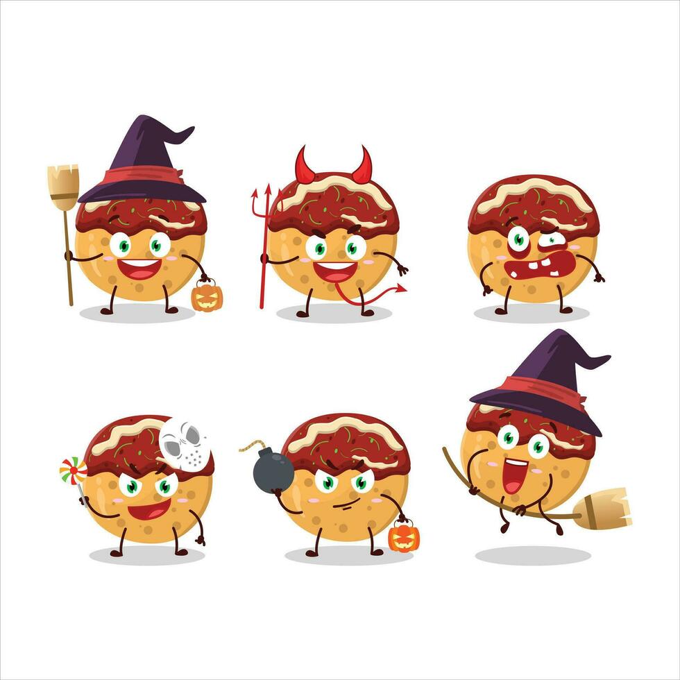 Halloween espressione emoticon con cartone animato personaggio di takoyaki vettore