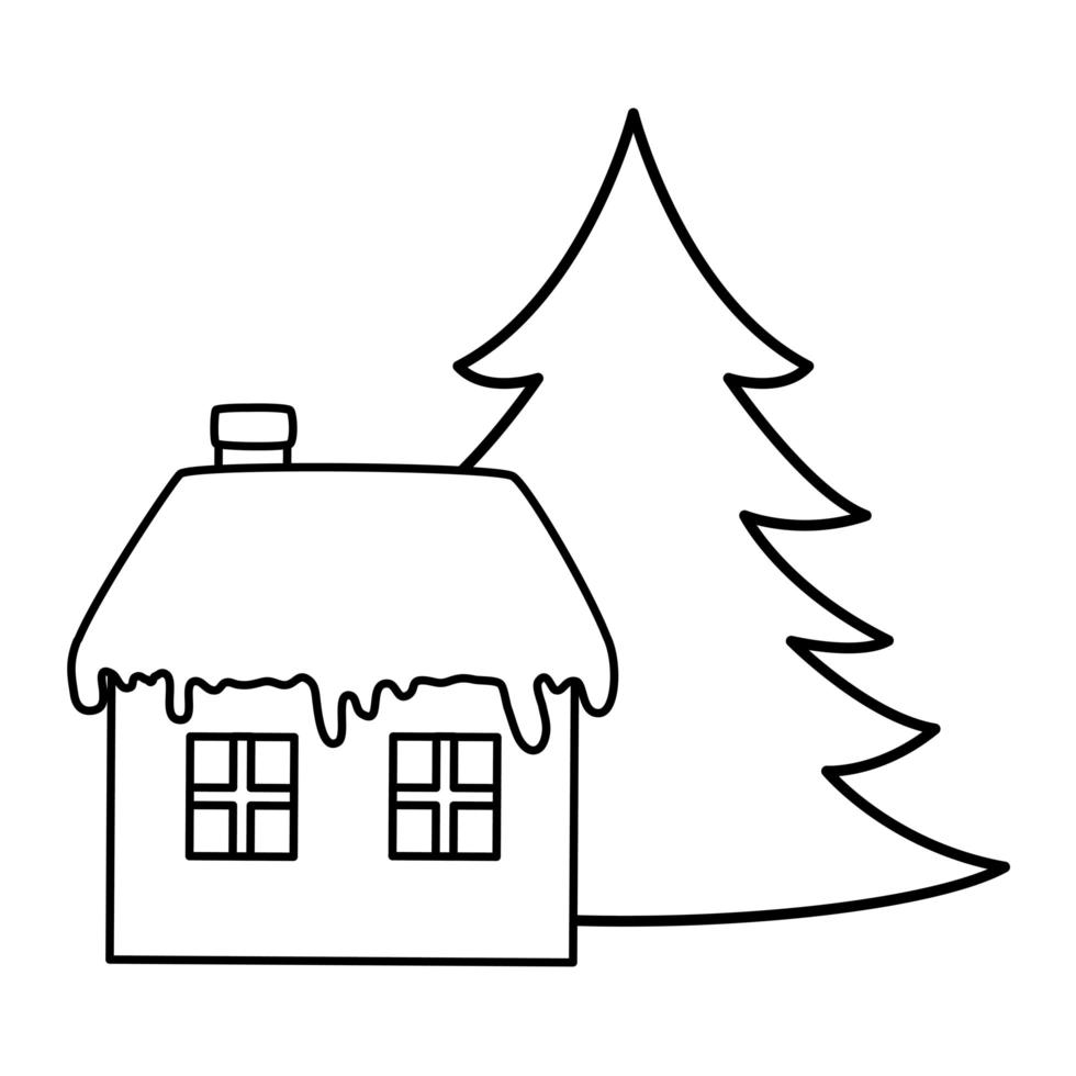 casa con neve e pino stile linea natalizia vettore