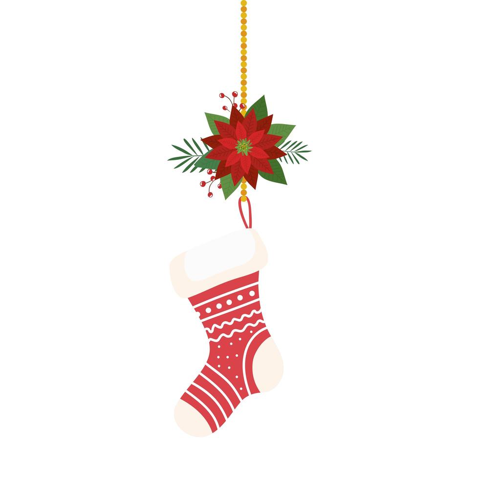 calzino natalizio decorativo con icona fiore isolato vettore