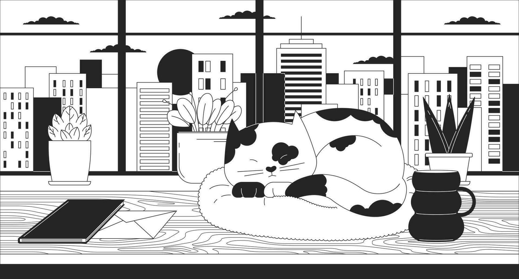 paesaggio urbano tramonto accogliente scrivania con addormentato gatto nero e bianca lofi sfondo. tavolo gattino assonnato 2d schema personaggio cartone animato piatto illustrazione. hygge ufficio vettore linea lo fi estetico sfondo