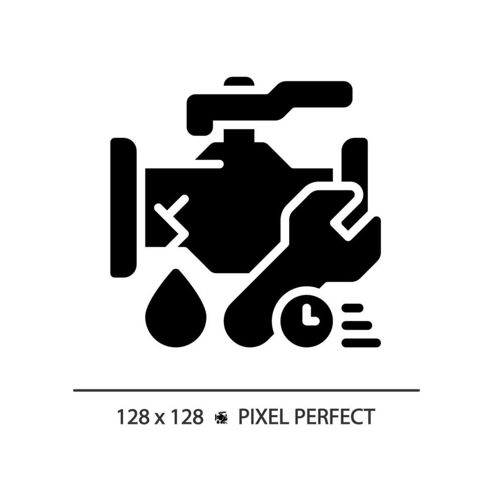 2d pixel Perfetto glifo stile tubo perdita con tempo e chiave inglese icona, isolato vettore, semplice silhouette illustrazione che rappresentano impianto idraulico. vettore