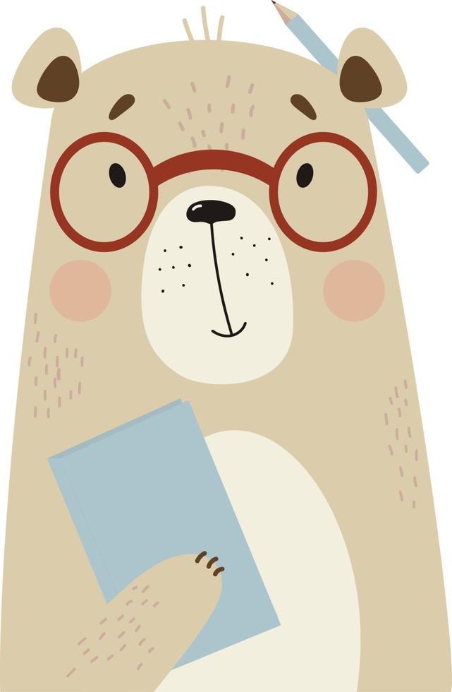 simpatico orsetto intelligente con gli occhiali, con un libro e una matita dietro l'orecchio vettore