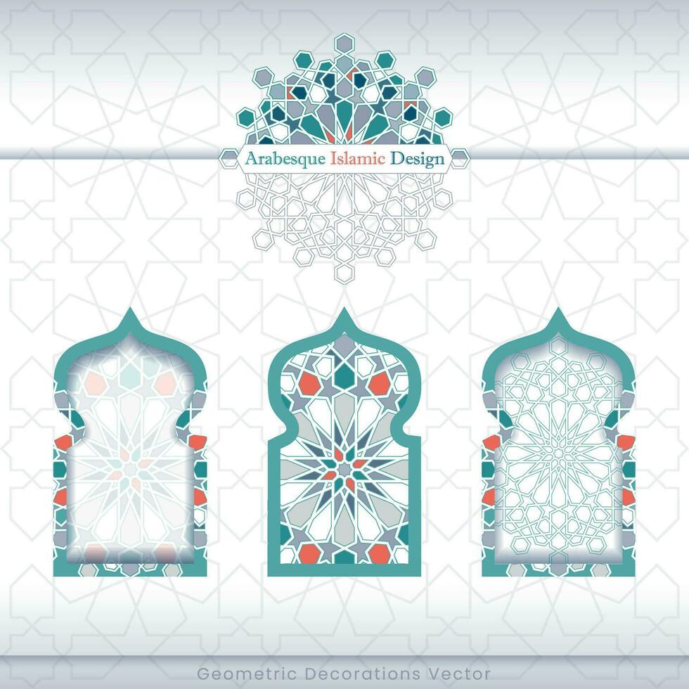 arabesco islamico bandiera collezione. impostato di arabesco modelli vettore sfondi. colore astratto ornamenti. voi può uso esso per sfondi, inviti, attività commerciale carte, striscioni, sfondi