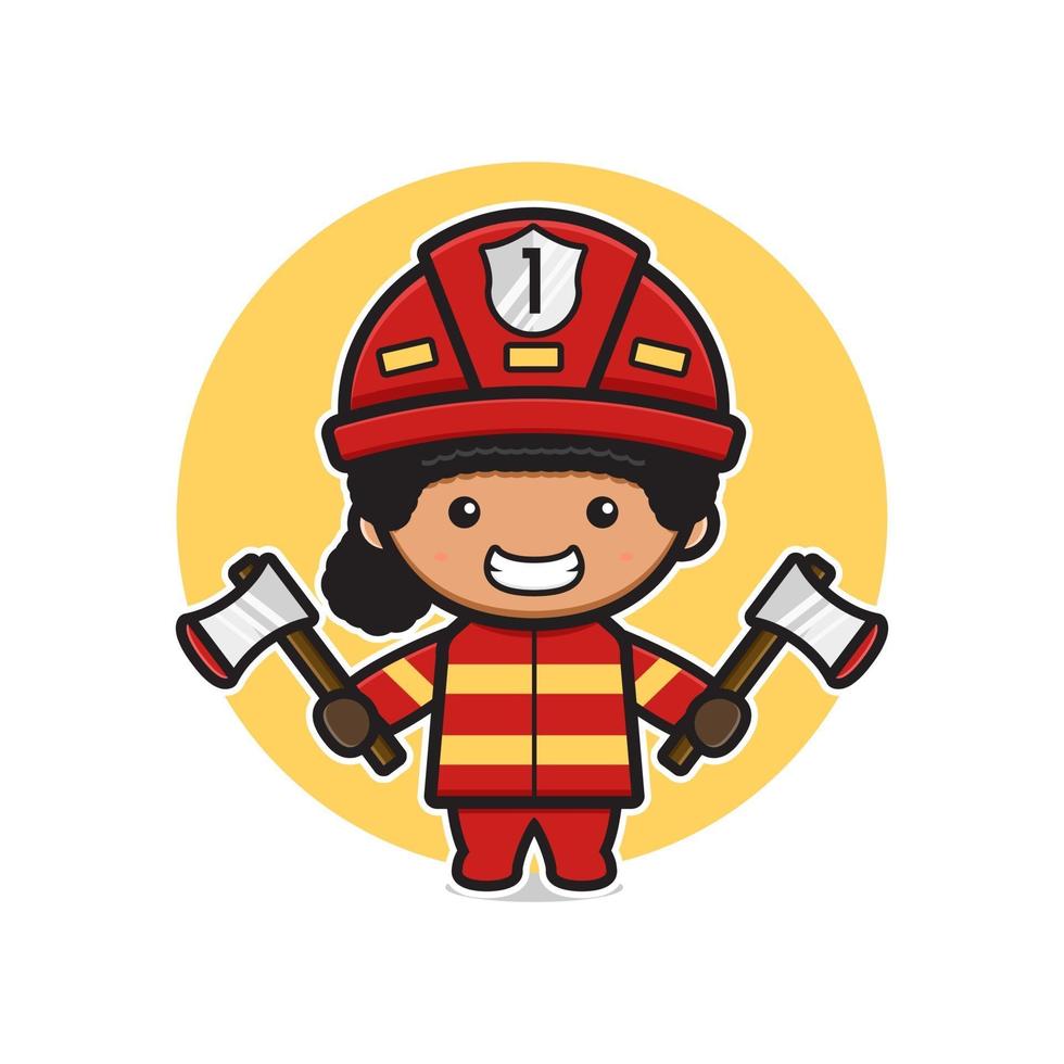 simpatico pompiere che tiene due assi icona del fumetto illustrazione vettore