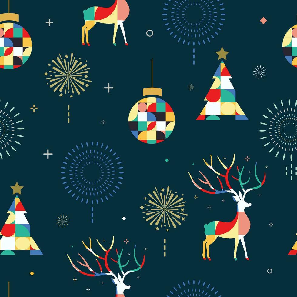 Natale senza soluzione di continuità modello con fuochi d'artificio, albero, renna.modificabile vettore illustrazione per grafico design