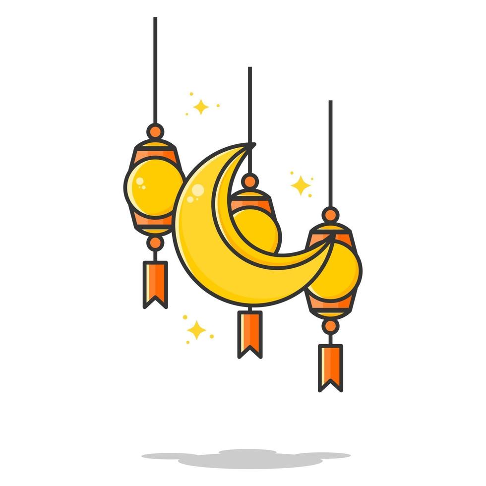 tre lanterne e illustrazione della luna edizione ramadan vettore