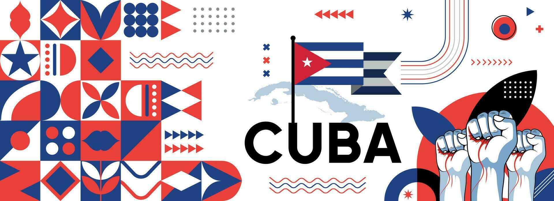 Cuba nazionale o indipendenza giorno bandiera per nazione celebrazione. bandiera e carta geografica di Cuba con sollevato pugni. moderno retrò design con tipografia astratto geometrico icone . vettore illustrazione.