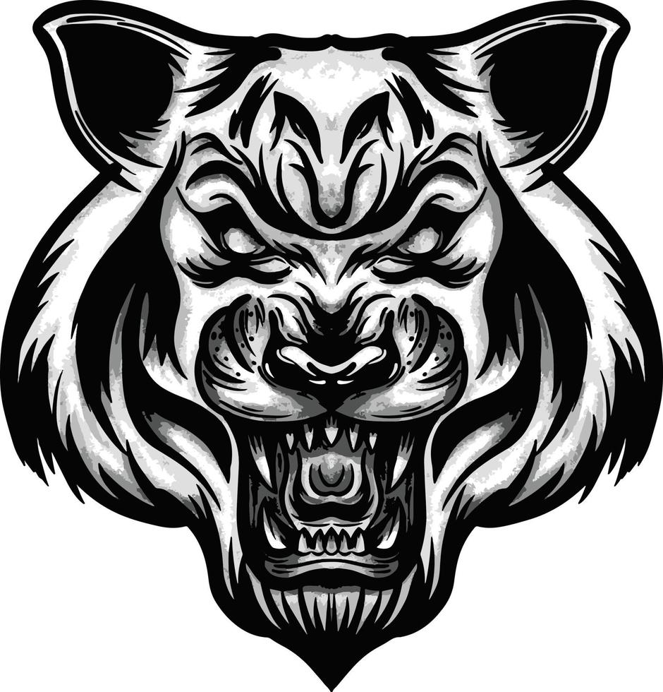 illustrazione in bianco e nero della testa di tigre arrabbiata con effetto ombra vettore