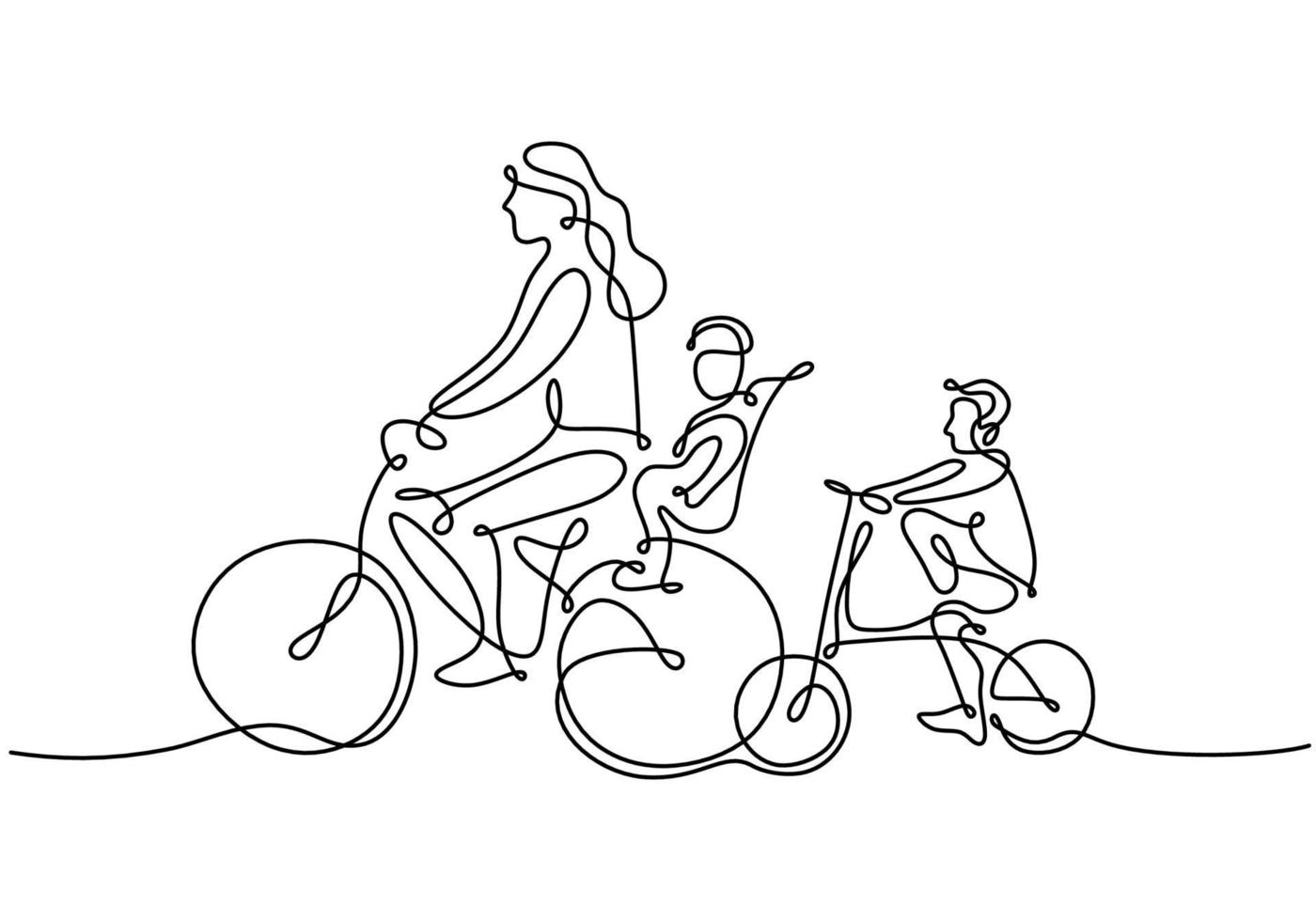 un disegno a tratteggio continuo della madre che va in bicicletta con il suo bambino vettore