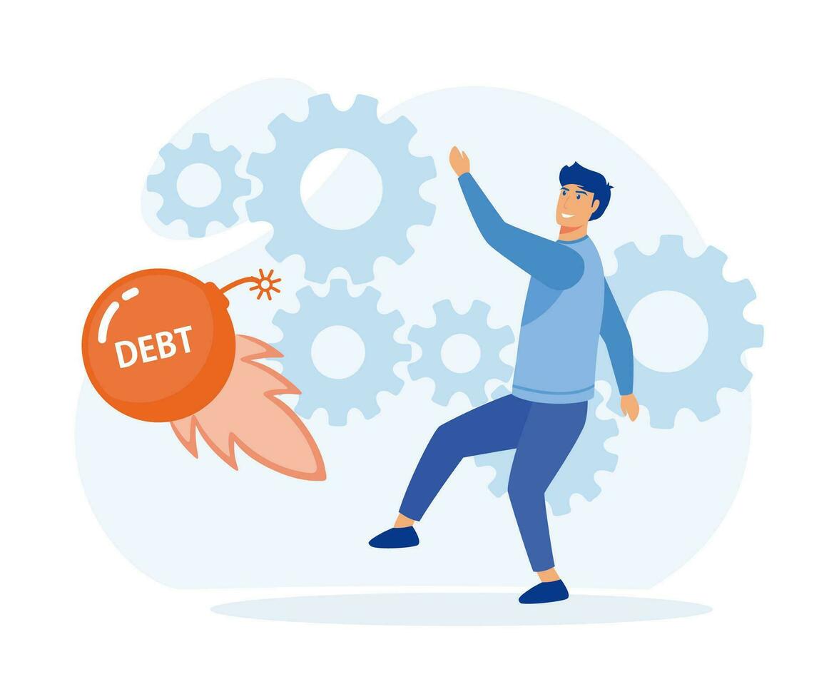 debito gratuito o la libertà per pagare via debiti, soluzione per risolvere finanziario problema, uomo d'affari calciando debito bomba palla lontano, piatto vettore moderno illustrazione