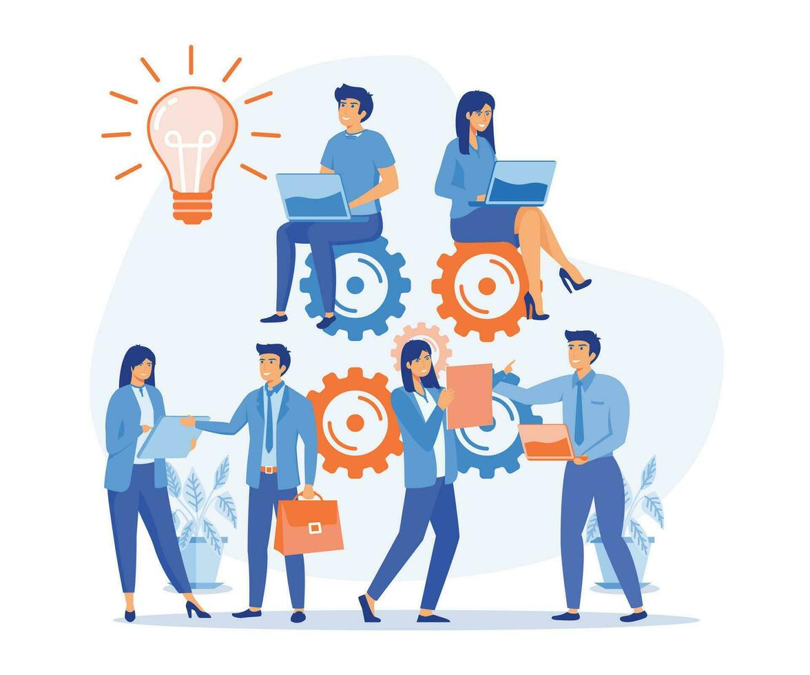 di brainstorming e lavoro di squadra concetto. gruppo di giovane attività commerciale persone collaborare, pensiero di creativo idea, piatto vettore moderno illustrazione