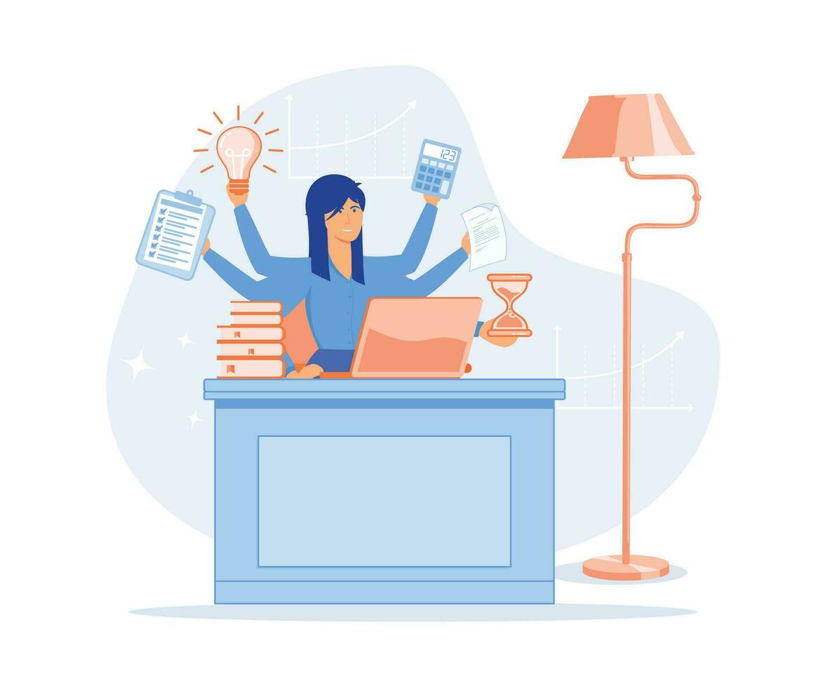 multitasking e tempo gestione concetto, donna nel posto di lavoro con multitasking opera, piatto vettore moderno illustrazione