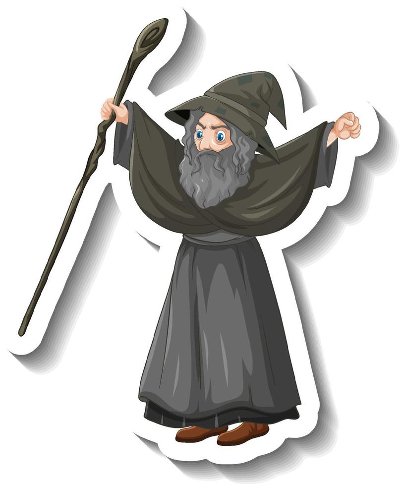 adesivo del personaggio dei cartoni animati del vecchio mago che tiene il bastone vettore