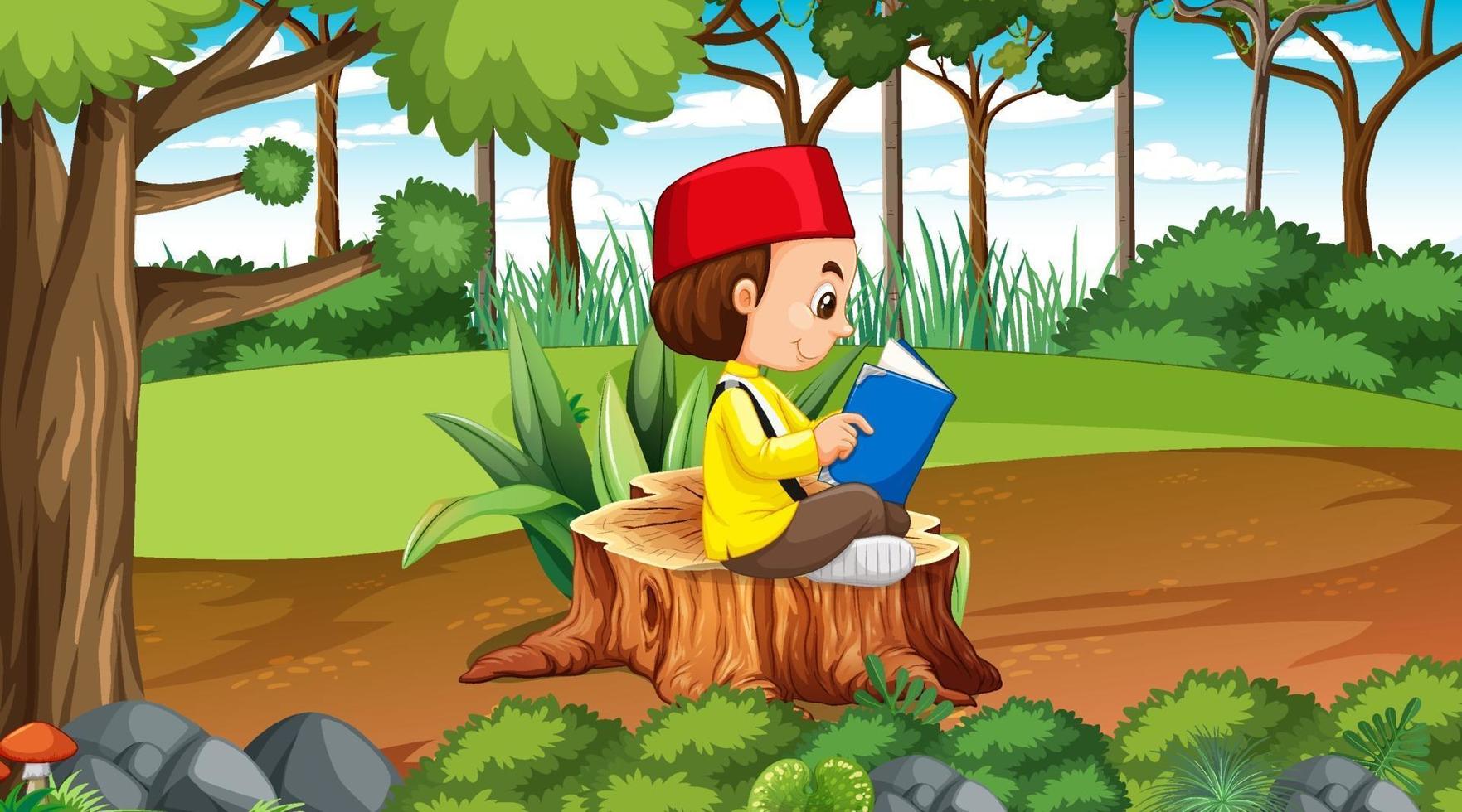 i bambini del Brunei indossano abiti tradizionali e leggono un libro nella foresta vettore