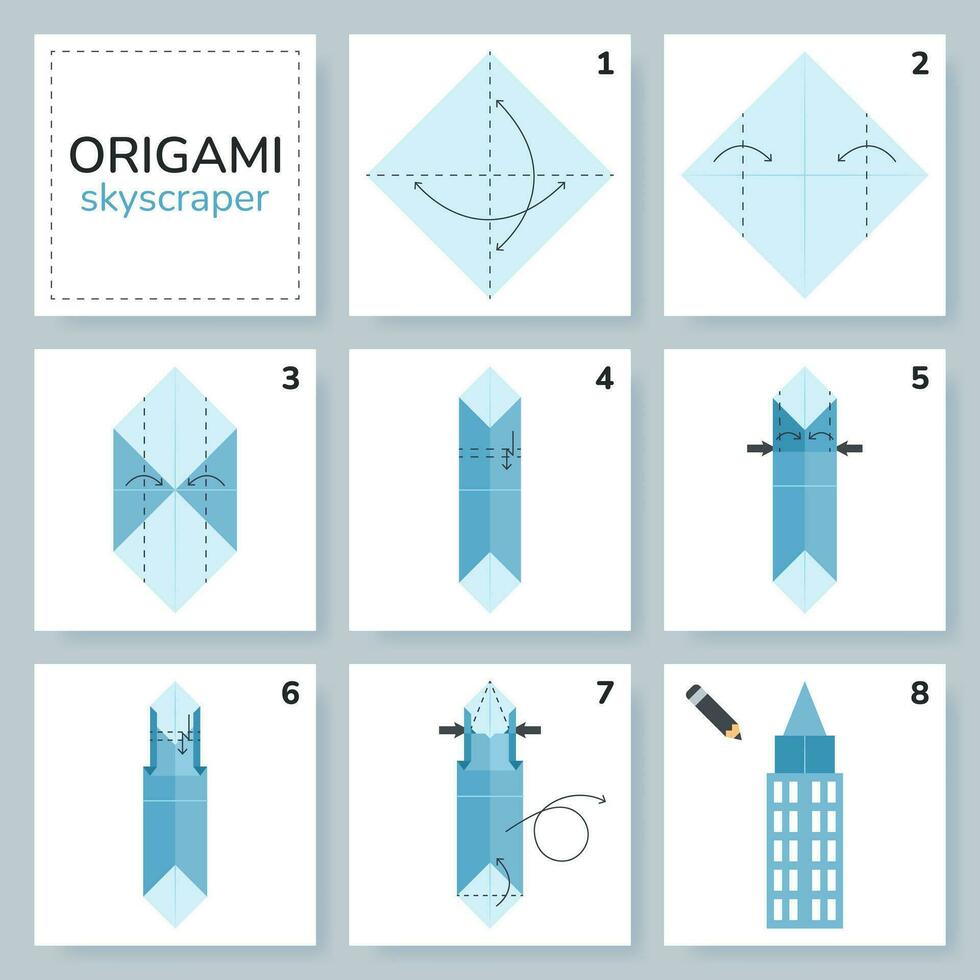 grattacielo origami schema lezione in movimento modello. origami per bambini. passo di passo Come per rendere un' carino origami costruzione. vettore illustrazione.