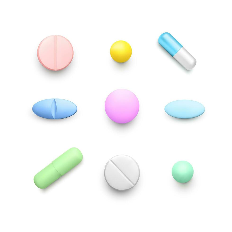 realistico colore pillole. impostato di colore droga capsule. farmacia medicina e assistenza sanitaria. antibiotico o vitamina compresse superiore Visualizza. vettore
