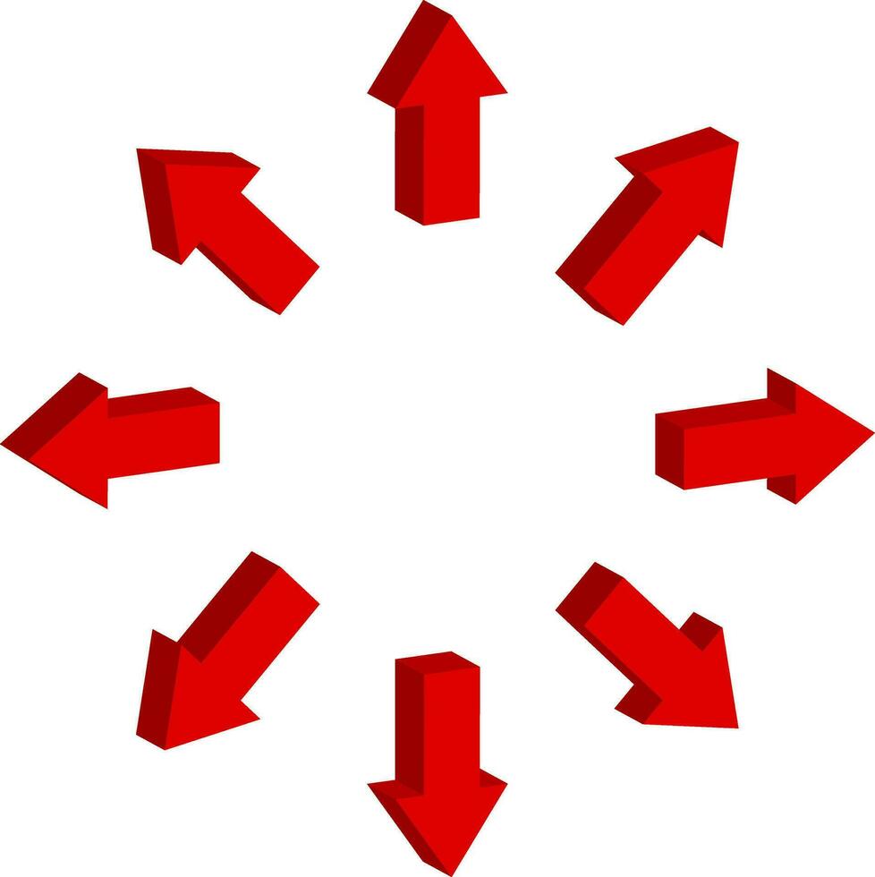 3d freccia cartello vettore. Giusto, fuori uso, su e giù simbolo. rosso pointer collezione. vettore