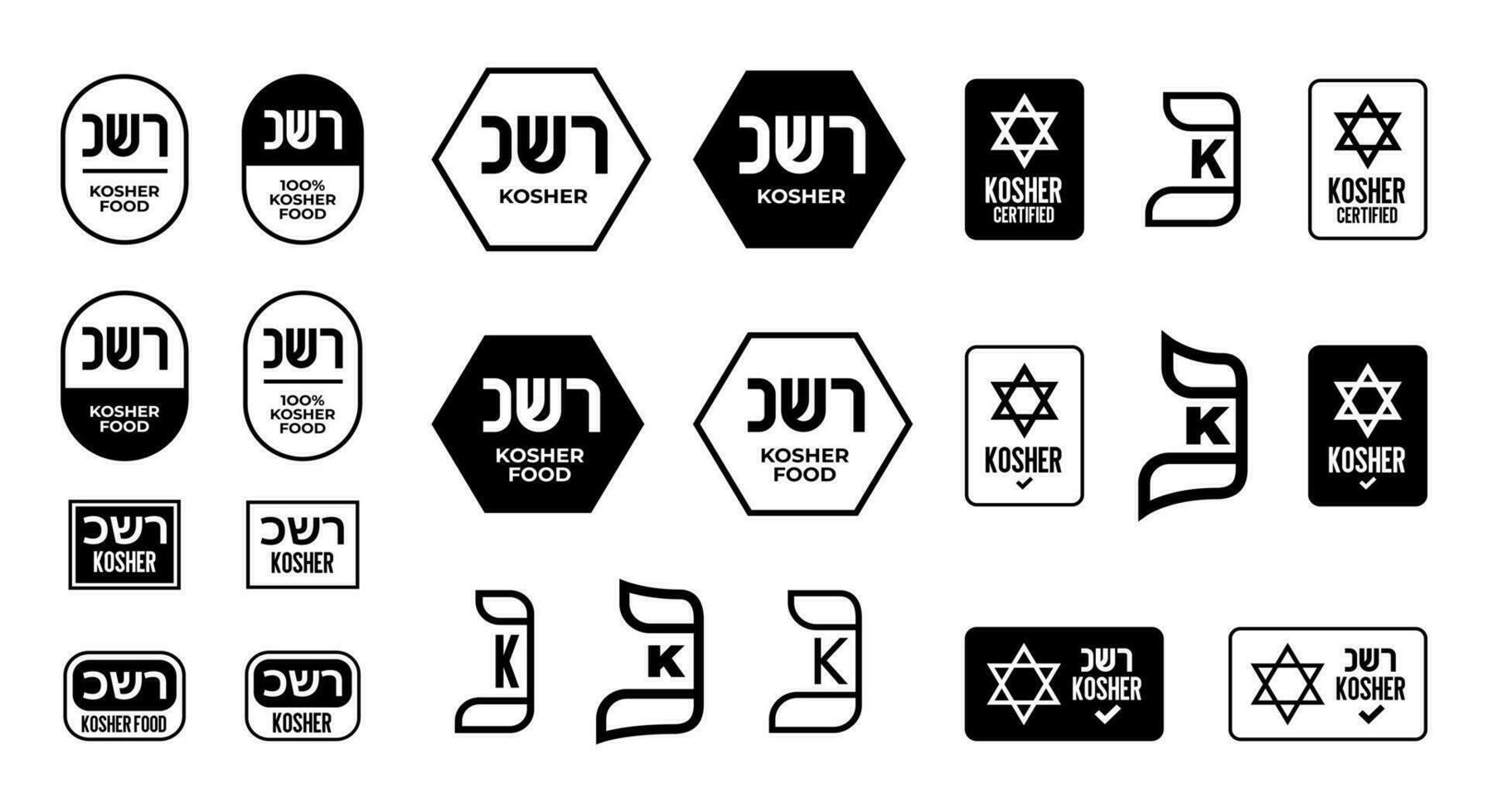sorprendente impostato di kosher certificato simboli. internazionale simboli di kosher cibo. confezione concetto. vettore