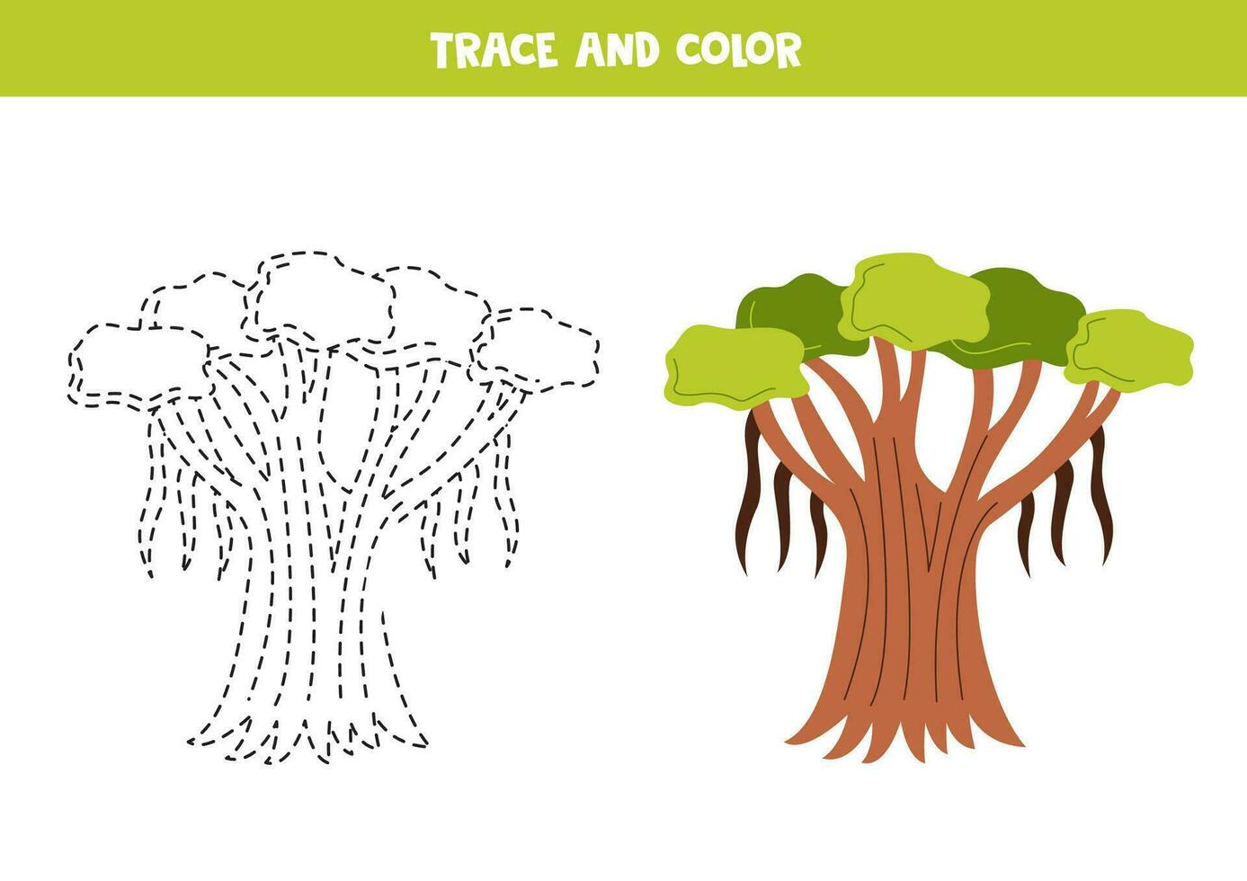 tracciare e colore cartone animato banyan albero. foglio di lavoro per bambini. vettore