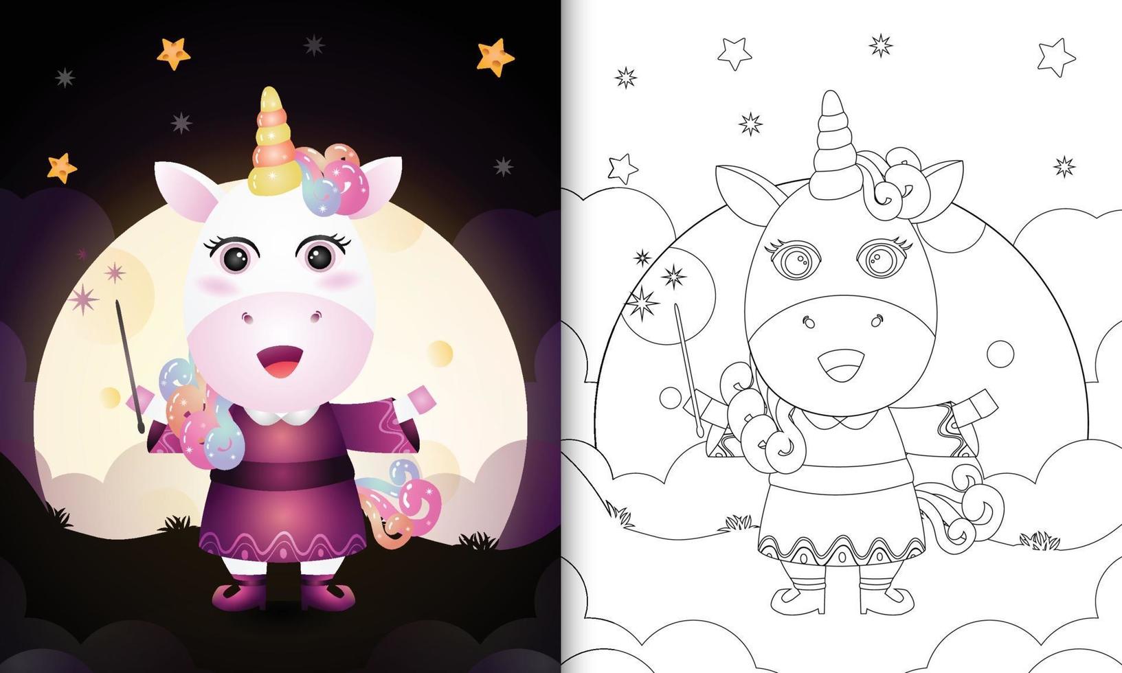 libro da colorare con un unicorno carino che usa il costume da strega halloween vettore