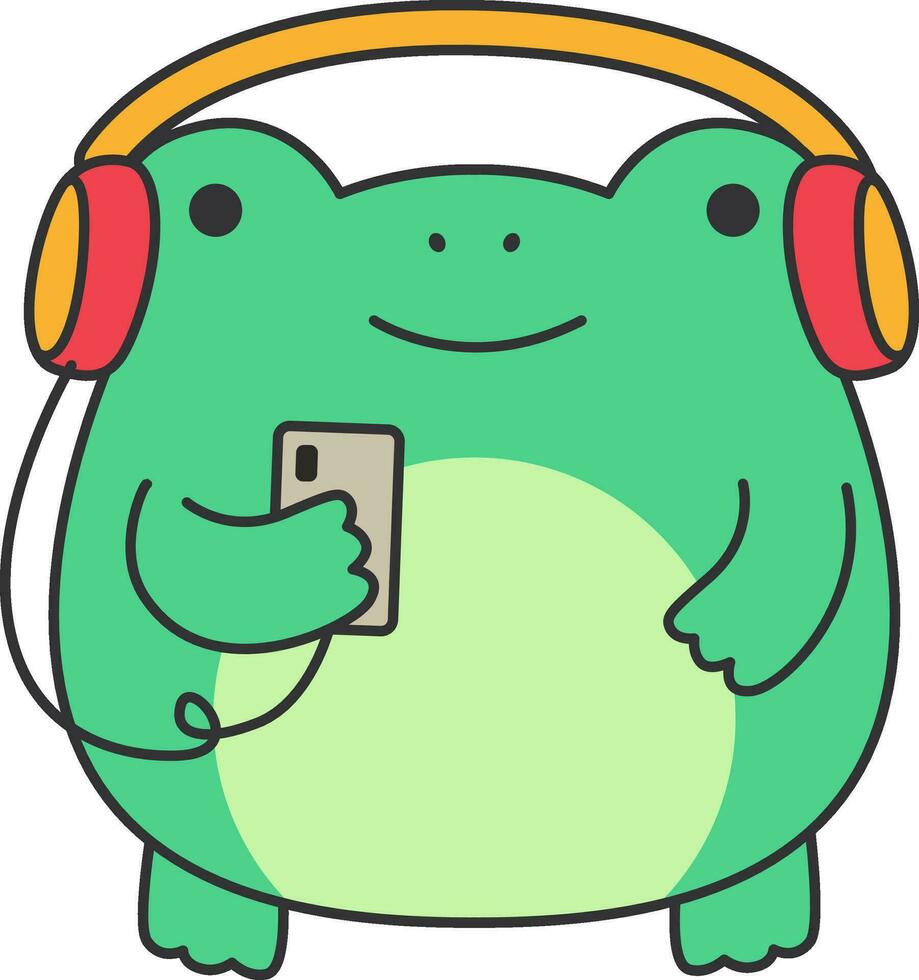 divertente rana ascoltando per musica con cuffia. vettore illustrazione nel cartone animato stile.