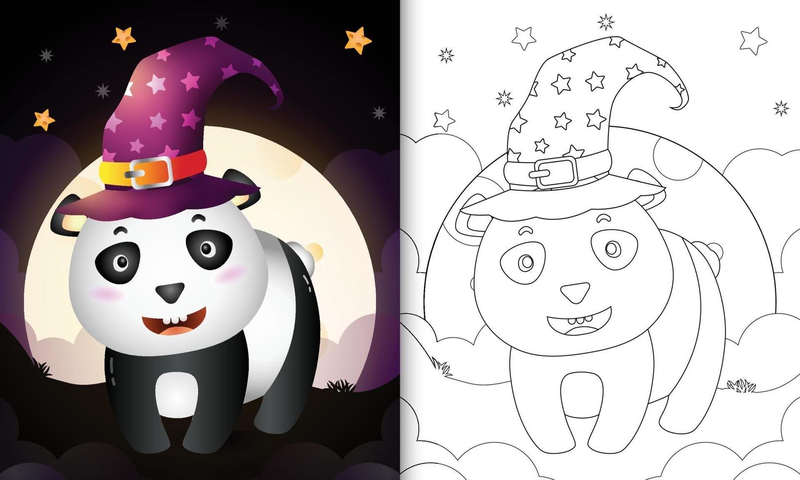 libro da colorare con un simpatico cartone animato halloween strega panda davanti alla luna vettore