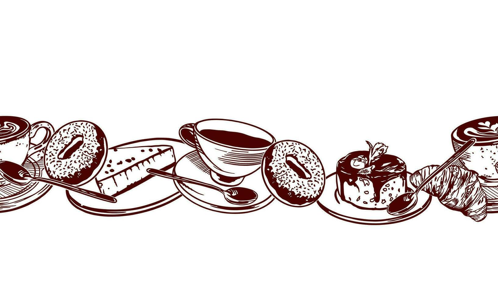 tazza di Tè, ciambelle, Cornetti, torta di formaggio, cucchiaio. vettore illustrazione di un' senza soluzione di continuità confine nel grafico stile. design elemento per menu di ristoranti, caffè, cibo etichette, copertine.
