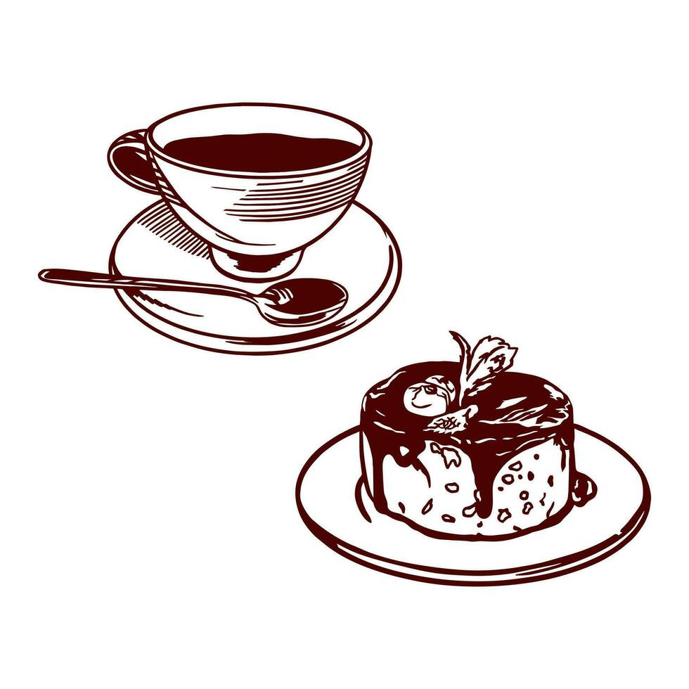 tazza di tè e torta. vettore illustrazione di cibo nel grafico stile. design elemento per menu di ristoranti, caffè, merenda barre, cibo etichette, copertine.