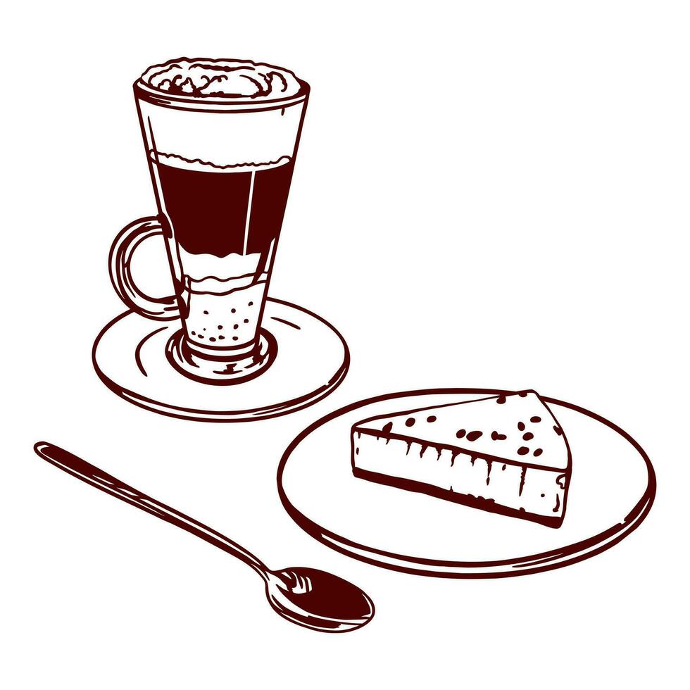 ghiacciato caffè, torta di formaggio su un' piattino e cucchiaio. vettore illustrazione di cibo nel grafico stile. design elemento per menu di ristoranti, caffè, cibo etichette, copertine, carte.