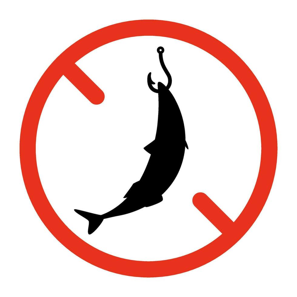 pesca è vietato, proibito cartello. pesca bandire, fermare. pesce su gancio nel rosso attraversato su cerchio. vettore simbolo