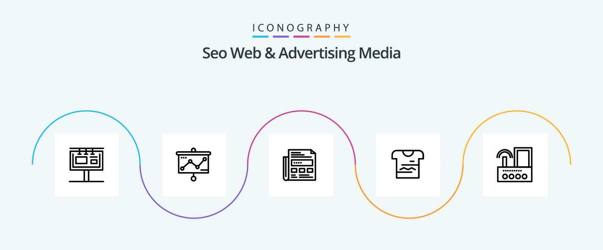 SEO ragnatela e pubblicità media linea 5 icona imballare Compreso router. stoffa. proiettore. maglietta. titolo vettore