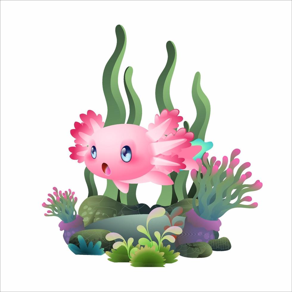 felice illustrazione di nuoto axolotl, simpatica salamandra rosa vettore