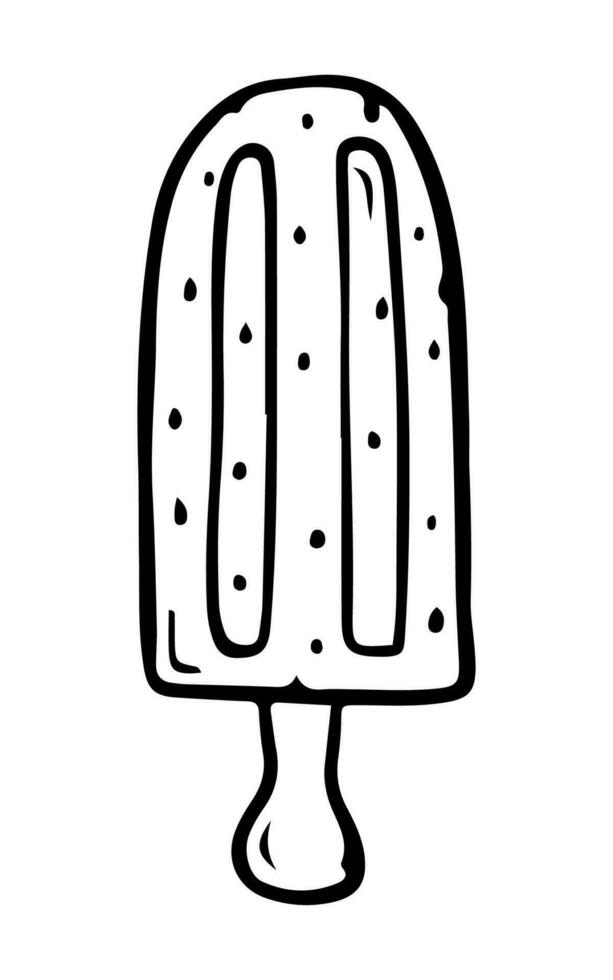 scarabocchio ghiaccio crema su un' ghiacciolo bastone nero e bianca icona, logotipo, simbolo, emblema. illustrazione per bar menù, bambini colorazione vettore
