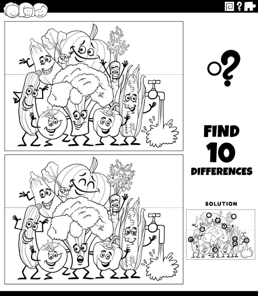 differenze attività con verdura personaggi colorazione pagina vettore