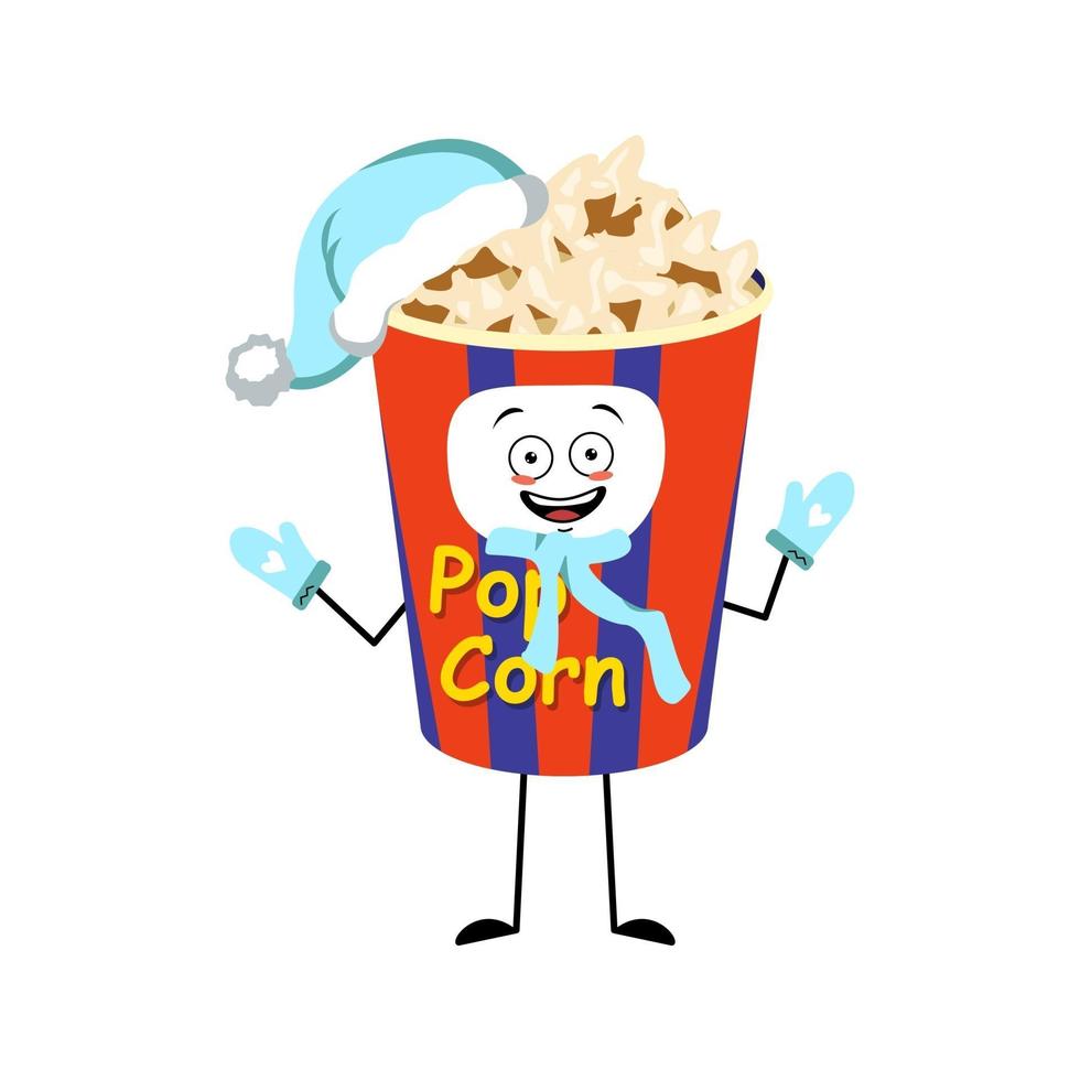 simpatico personaggio di popcorn in una scatola delle vacanze con emozioni felici vettore