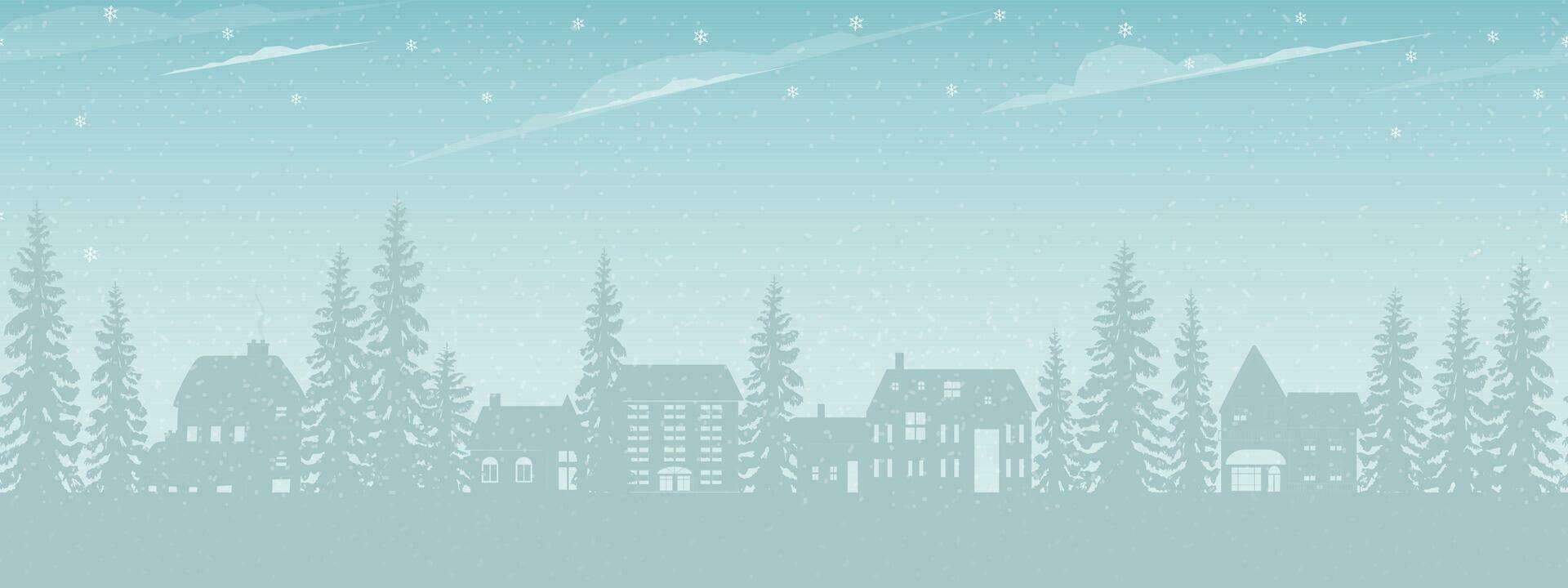 Natale sfondo.inverno paesaggio foresta con nevoso. senza soluzione di continuità modello confine con case, abete alberi e i fiocchi di neve su blu cielo e nuvole sfondo.vettore illustrazione bandiera per nuovo anno 2024 vettore