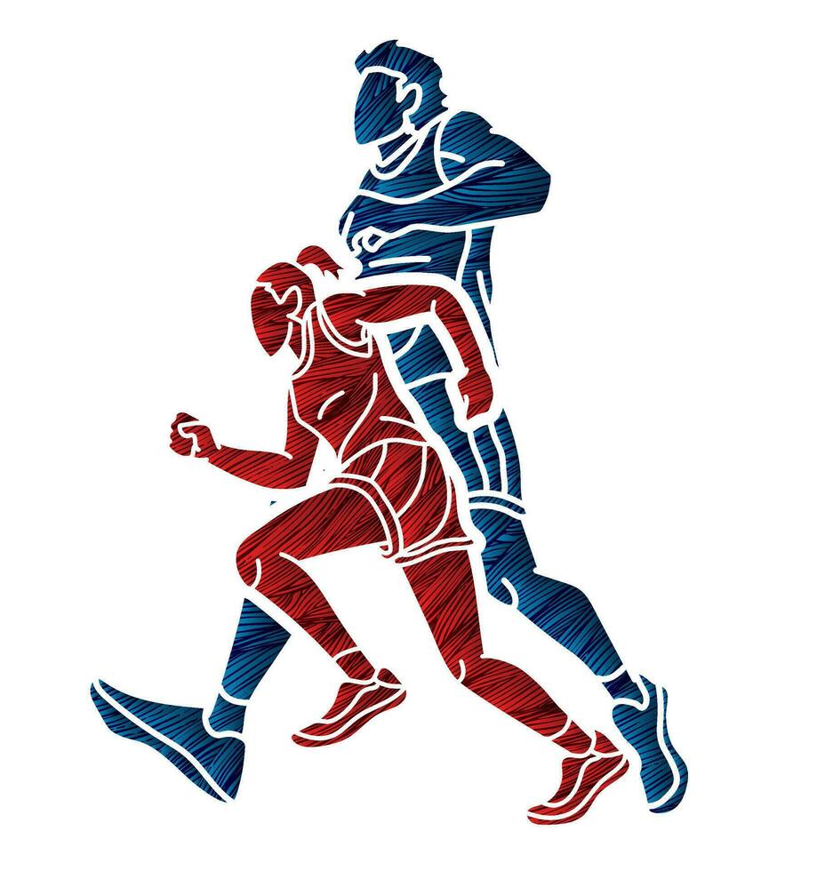 gruppo di persone in esecuzione insieme maratona maschio e femmina correre azione vettore