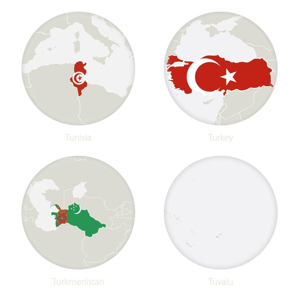 tunisia, tacchino, turkmeno, tuvalu carta geografica contorno e nazionale bandiera nel un' cerchio. vettore