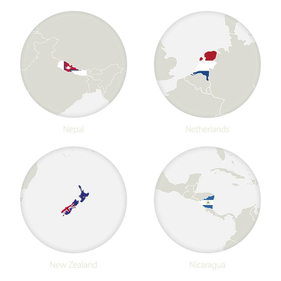 Nepal, Olanda, nuovo zelanda, Nicaragua carta geografica contorno e nazionale bandiera nel un' cerchio. vettore